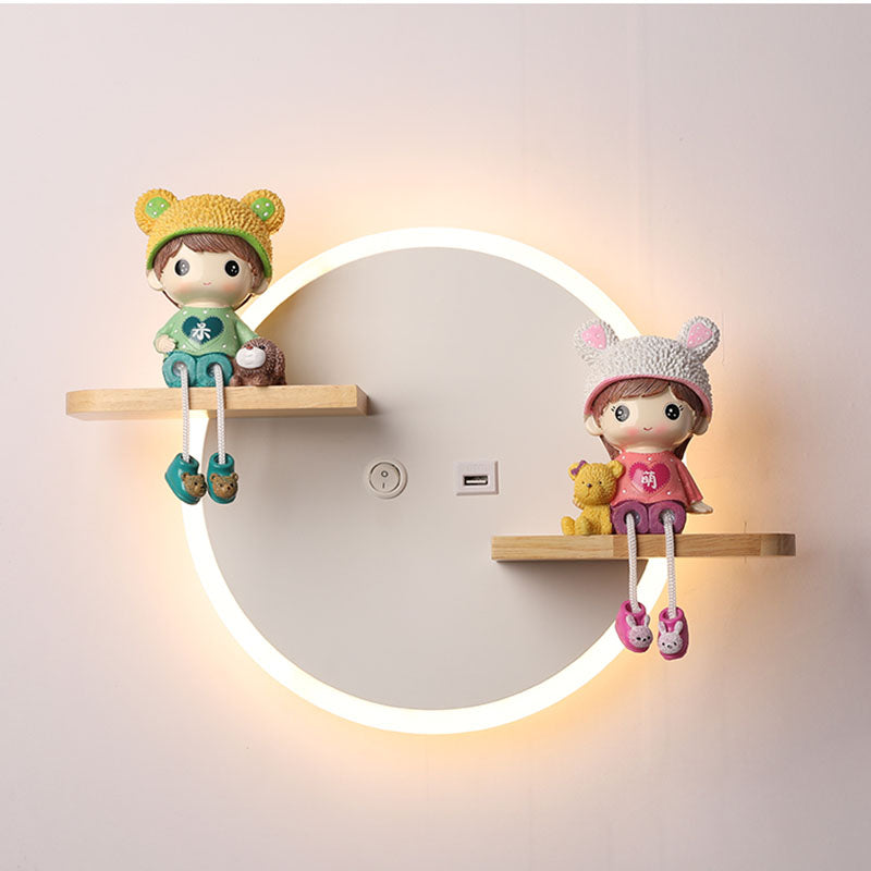 LED Circle Wall Sconce Nordic Wooden Kids Bedroom Wall Light with Shelf and Figurine