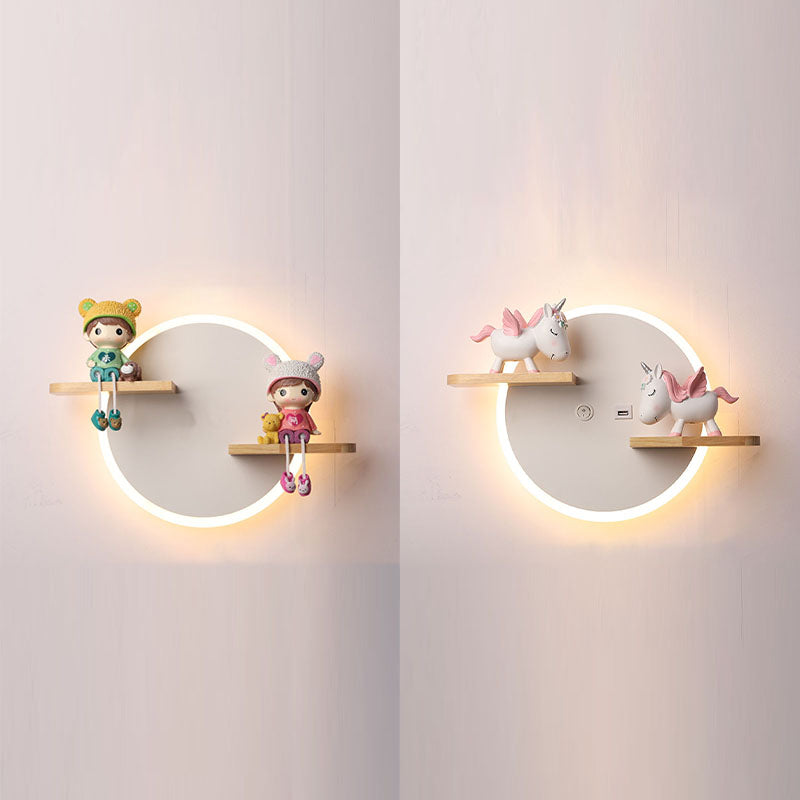 LED Circle Wall Sconce Nordic Wooden Kids Bedroom Wall Light with Shelf and Figurine