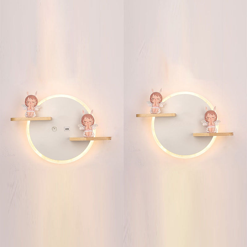 LED Circle Wall Sconce Nordic Wooden Kids Bedroom Wall Light with Shelf and Figurine