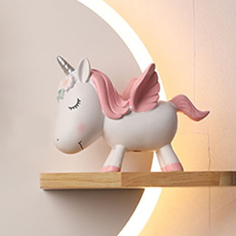LED Circle Wall Sconce Nordic Wooden Kids Bedroom Wall Light with Shelf and Figurine