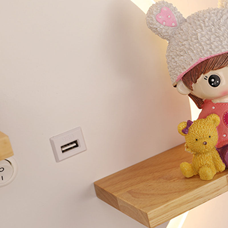 LED Circle Wall Sconce Nordic Wooden Kids Bedroom Wall Light with Shelf and Figurine