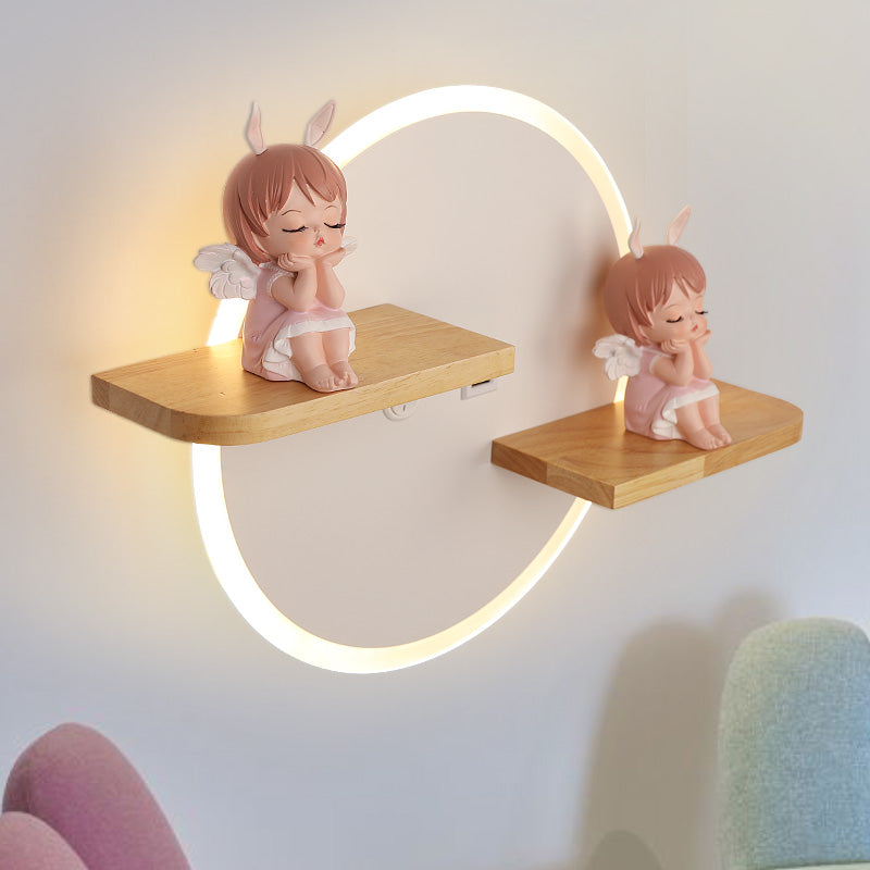 LED Circle Wall Sconce Nordic Wooden Kids Bedroom Wall Light with Shelf and Figurine