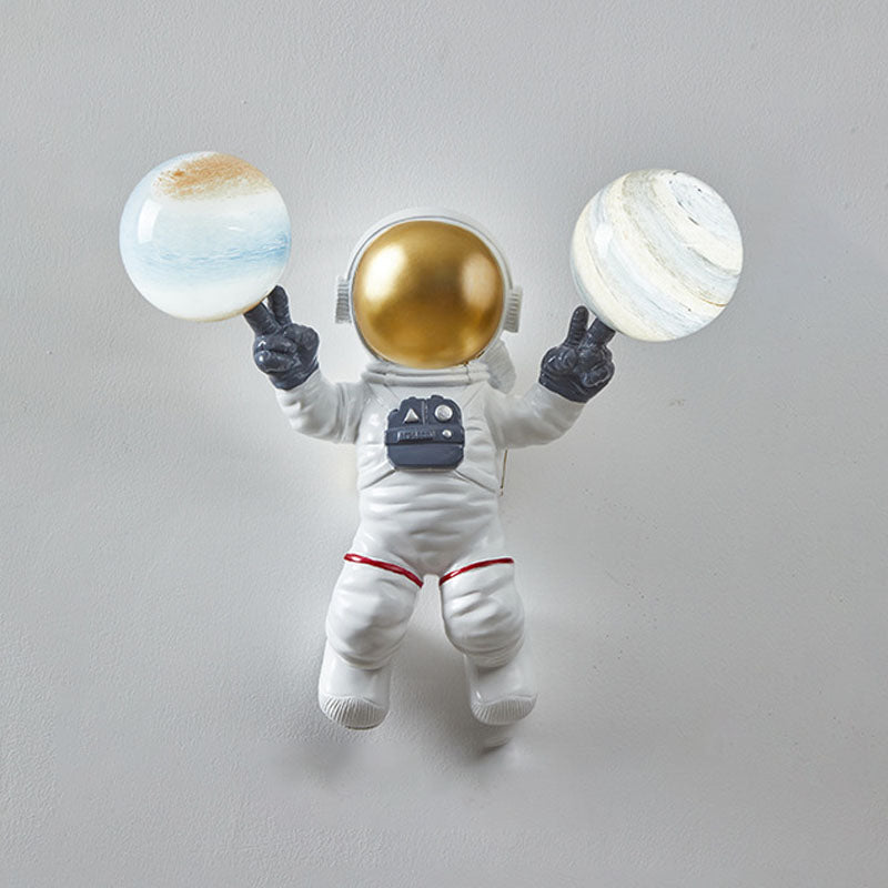 Blown Glass Planet and Astronaut Wall Light Kids Style 2-Head Wall Lighting Fixture