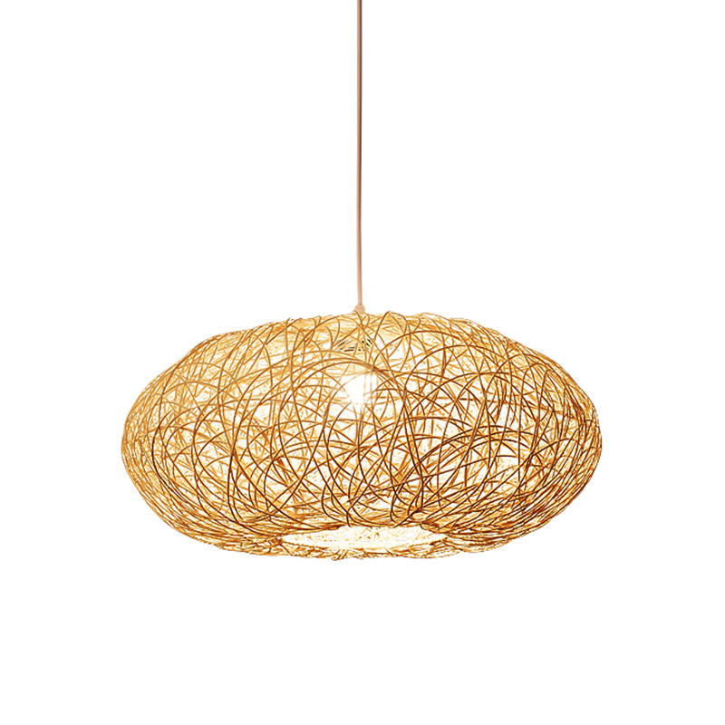 Chinese 1 Bulb Hanging Light Beige Lantern Pendant Lighting Fixture with Bamboo Shade