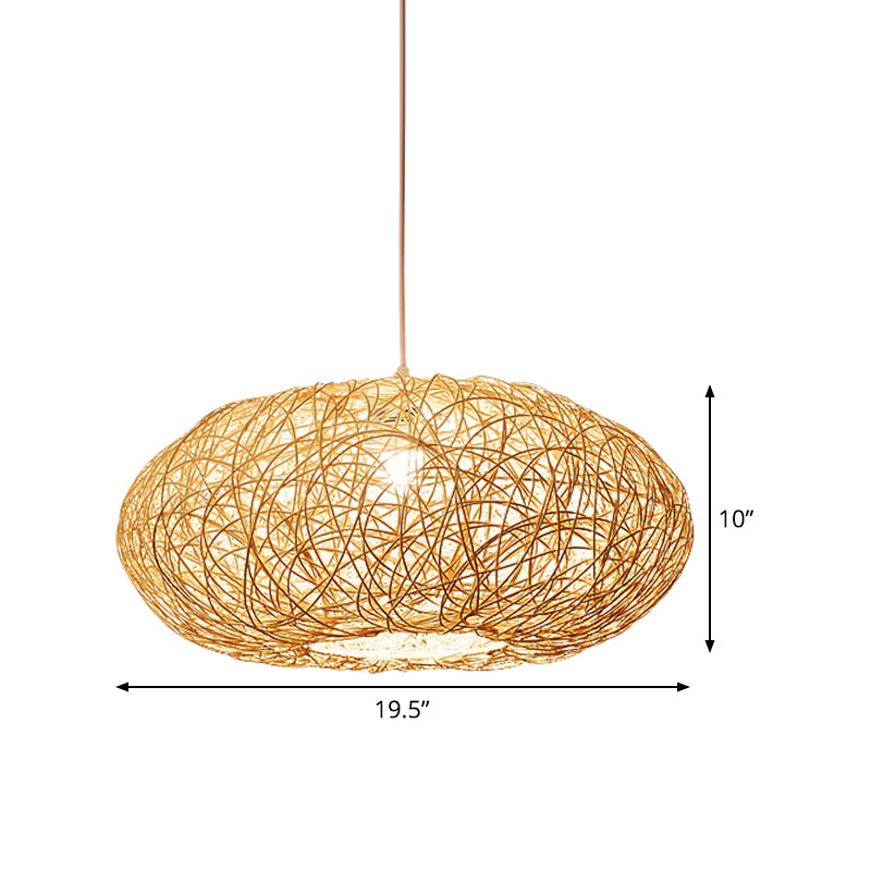 Chinese 1 Bulb Hanging Light Beige Lantern Pendant Lighting Fixture with Bamboo Shade