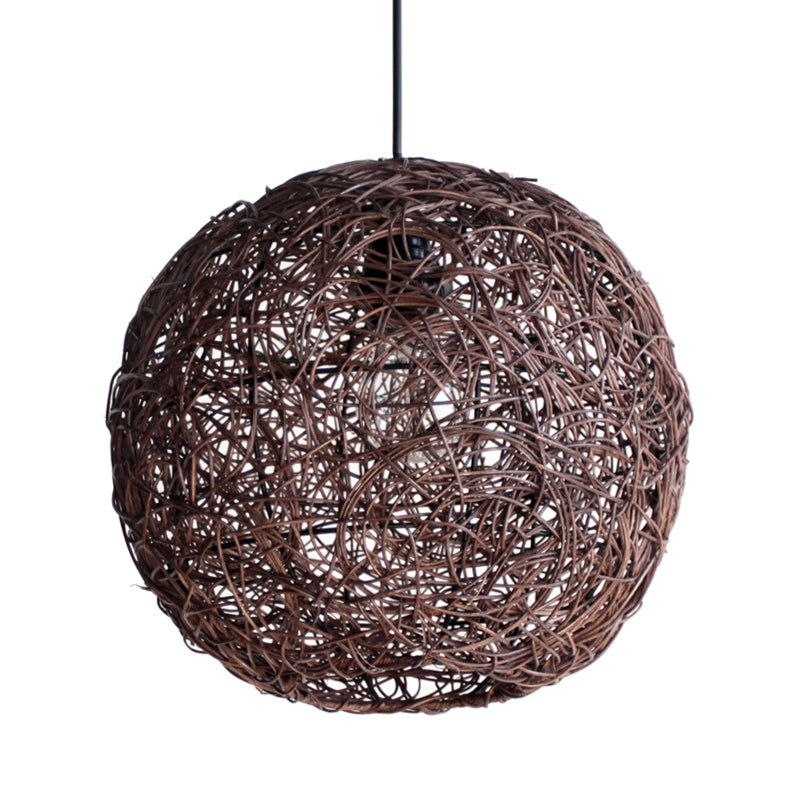 Coffee Globe Hanging Light Asian 1 Bulb Rattan Pendant Lighting Fixture for Bedroom