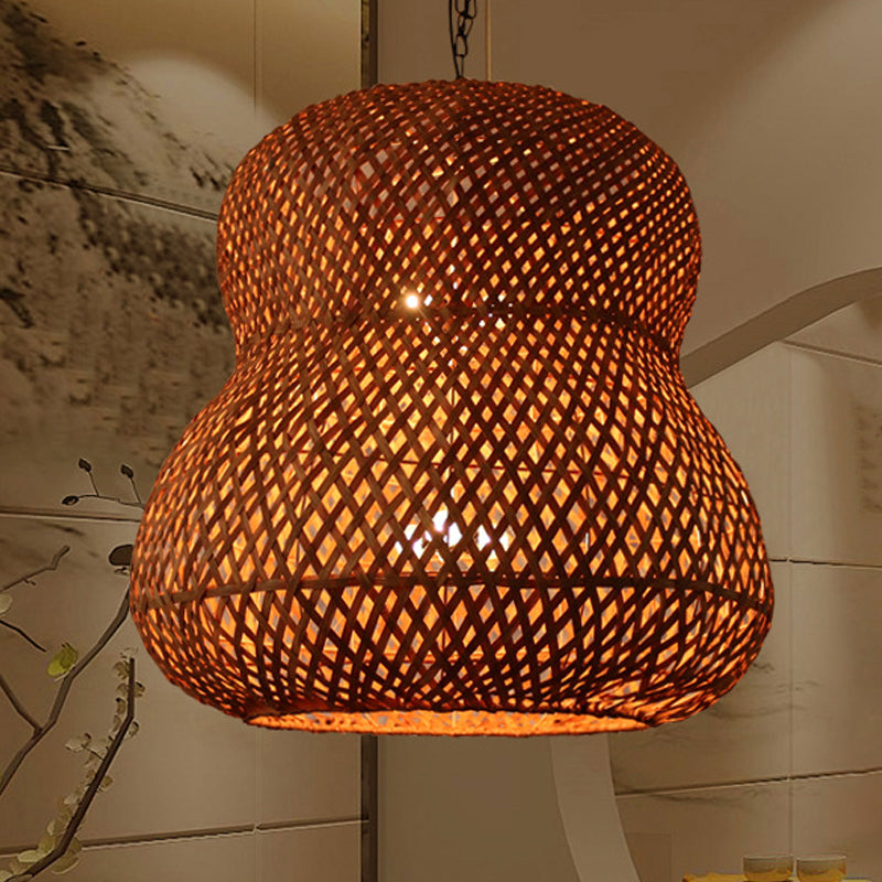 1 Bulb Gourd Ceiling Light Chinese Bamboo Suspended Lighting Fixture in Light Coffee