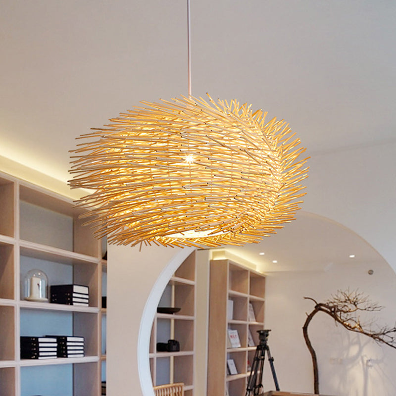 Laterne Bambus hängende Lampe Asian 1 Kopf Beige Pendelleuchte für Esszimmer