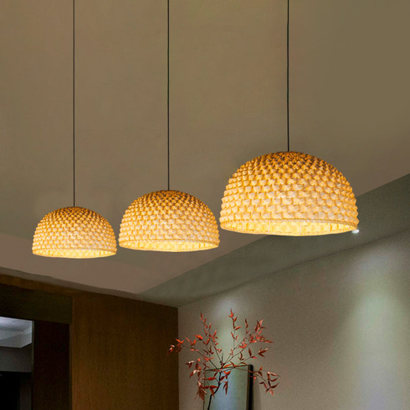 Beige Bowl Ceiling Lamp Asian 1 Head Bamboo Hanging Light Fixture for Dining Room