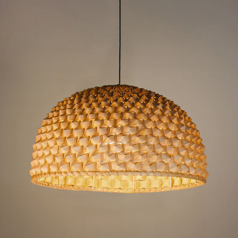 Beige Bowl Ceiling Lamp Asian 1 Head Bamboo Hanging Light Fixture for Dining Room