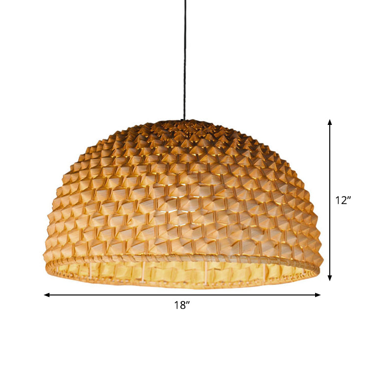 Beige Bowl Ceiling Lamp Asian 1 Head Bamboo Hanging Light Fixture for Dining Room