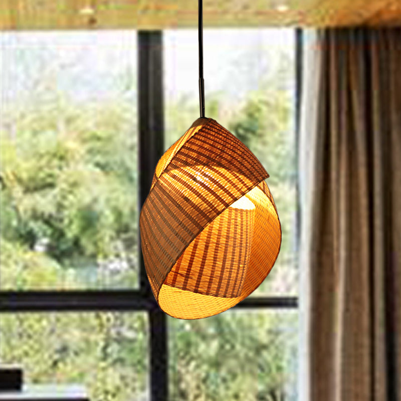 Bamboo Twist Pendant Lamp Chinese 1 Bulb Flaxen Ceiling Hanging Light for Bedroom