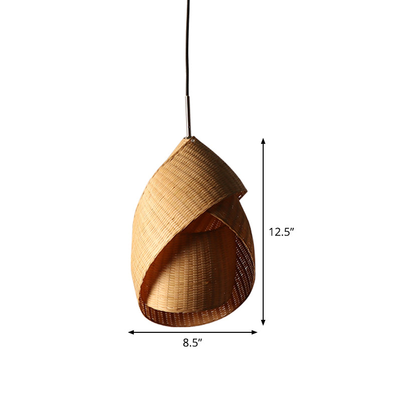 Bamboo Twist Pendant Lamp Chinese 1 Bulb Flaxen Ceiling Hanging Light for Bedroom