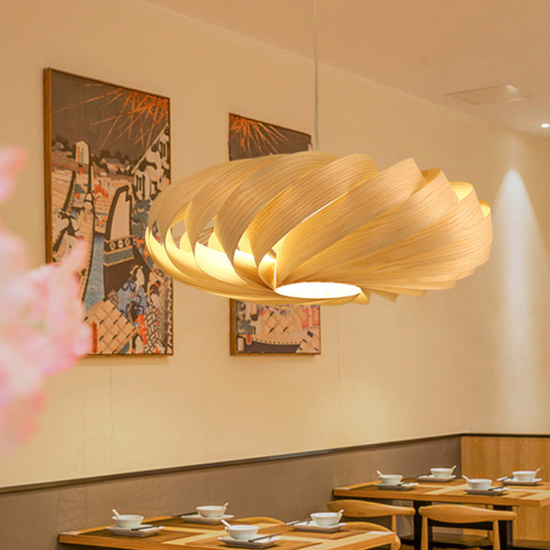 Swirl Wood Pendant Lighting Japanese 1 Head Beige Ceiling Suspension Lamp for Restaurant