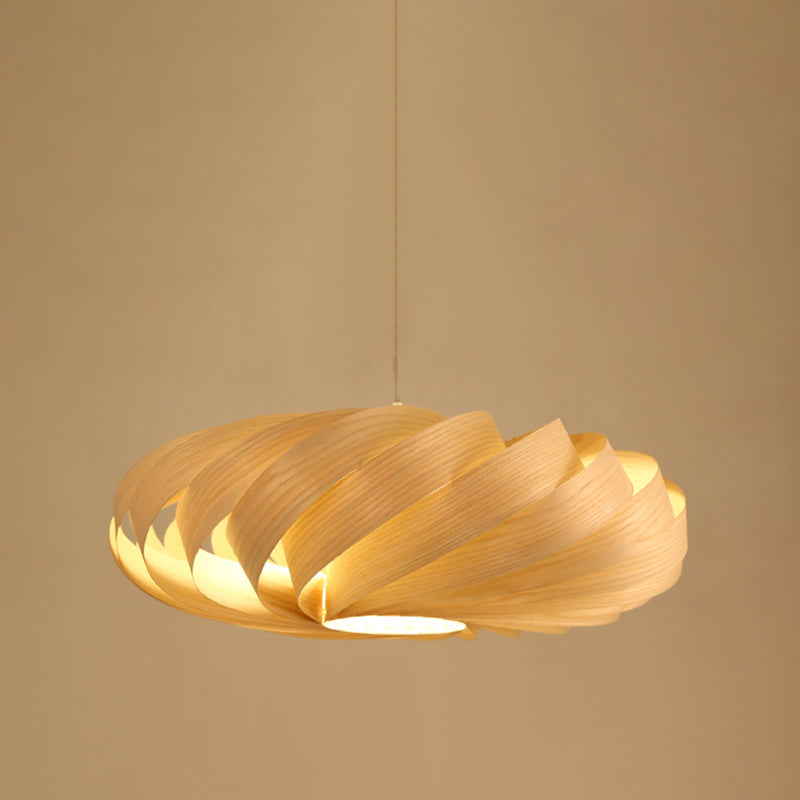 Swirl Wood Pendant Lighting Japanese 1 Head Beige Ceiling Suspension Lamp for Restaurant