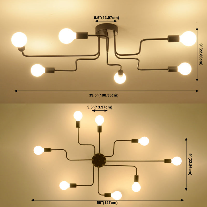 Industrielle Vintage-Deckenleuchte aus lackiertem, halbbündig montiertem, radialem Eisen in Schwarz