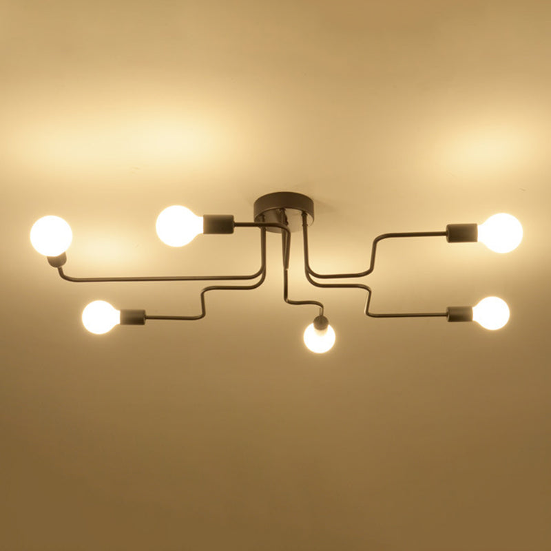 Industrial Vintage Radial Semi Flush Mount Lacquered Iron Ceiling Light in Black