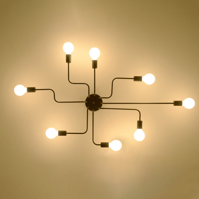 Industrielle Vintage-Deckenleuchte aus lackiertem, halbbündig montiertem, radialem Eisen in Schwarz