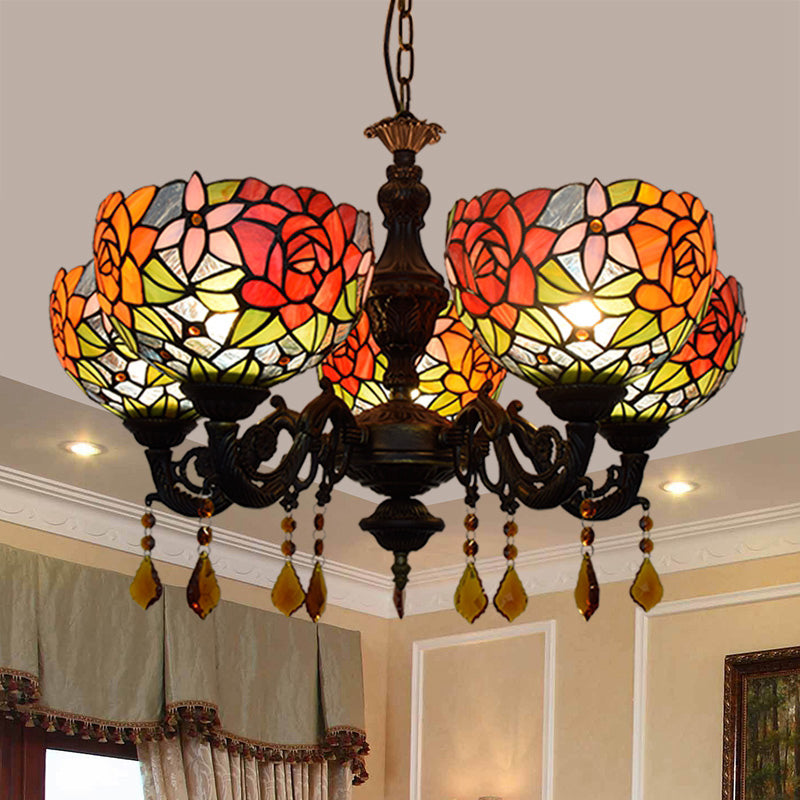 Lustre de style tiffany 5 lumières vitrail