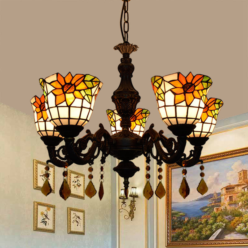 Lustre de style tiffany 5 lumières vitrail