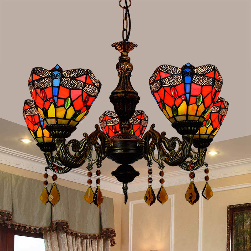 Lustre de style tiffany 5 lumières vitrail