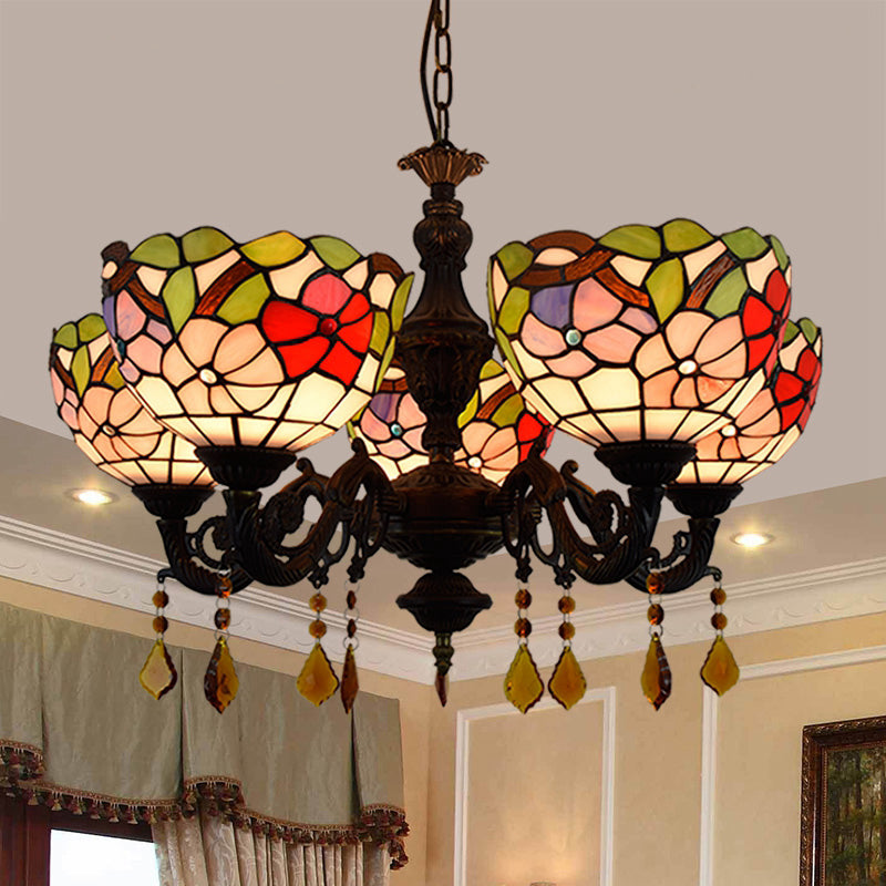 Lustre de style tiffany 5 lumières vitrail