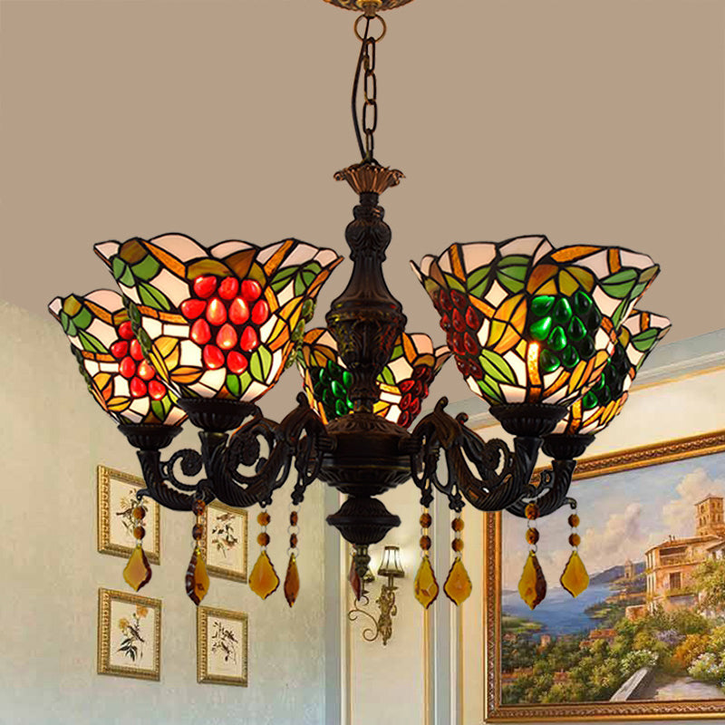 Lustre de style tiffany 5 lumières vitrail