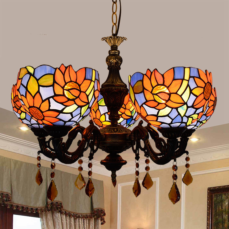 Lustre de style tiffany 5 lumières vitrail