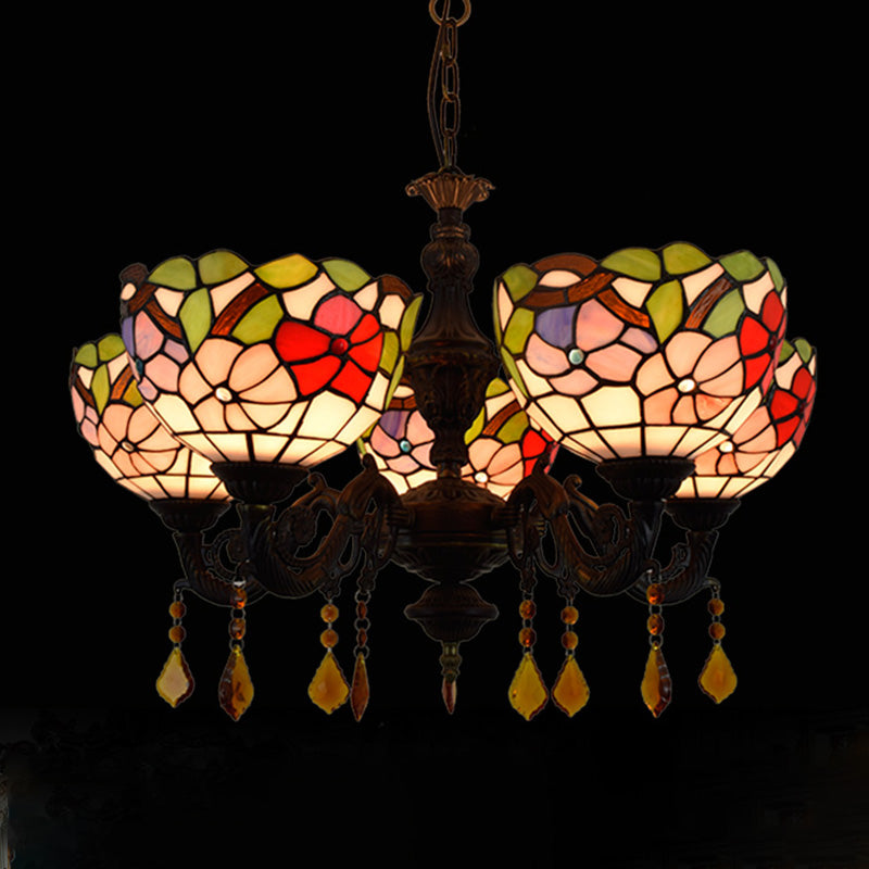 Lustre de style tiffany 5 lumières vitrail