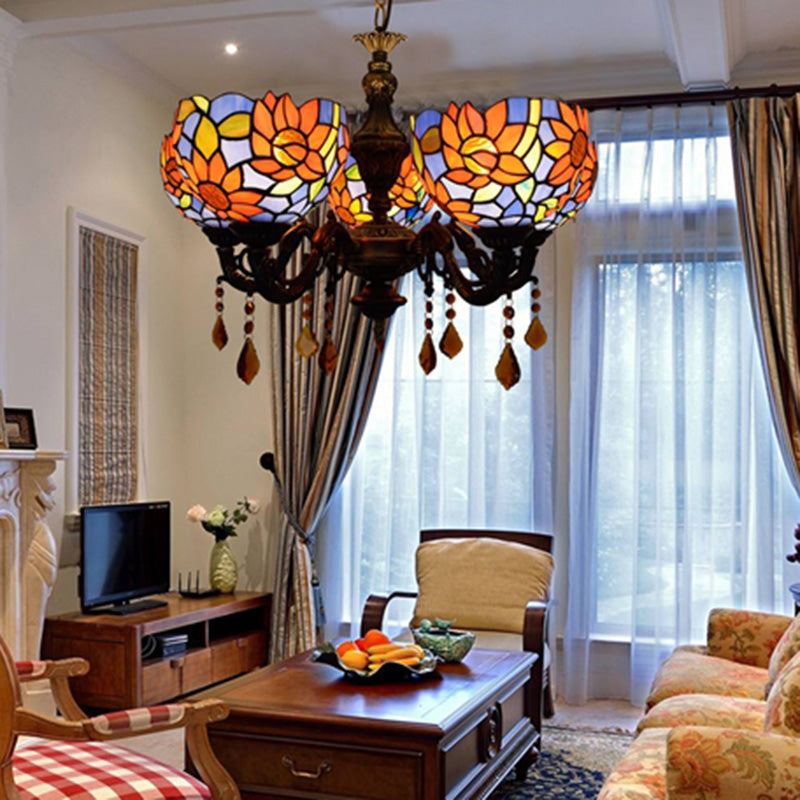 Lustre de style tiffany 5 lumières vitrail