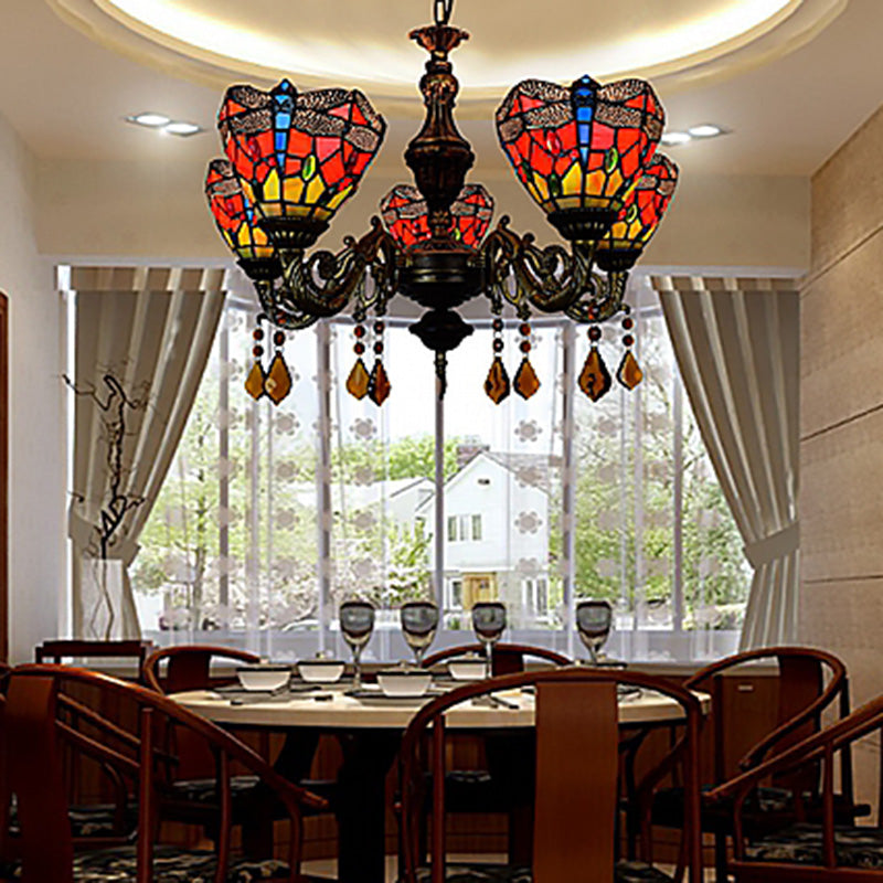 Lustre de style tiffany 5 lumières vitrail