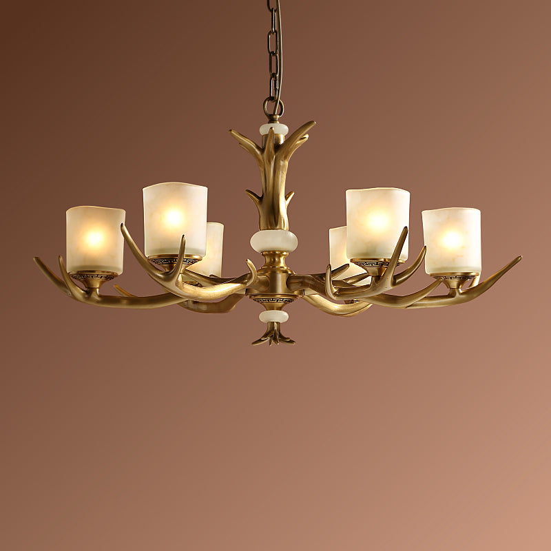 Multi-Head Chandelier Light Fixtures Rustic Antler Chandelier Pendant Lamp with White Glass Shade
