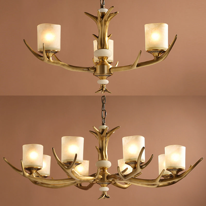 Multi-Head Chandelier Light Fixtures Rustic Antler Chandelier Pendant Lamp with White Glass Shade