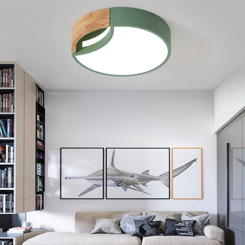 Splicing Rounded Flush Ceiling Light Nordic Iron Grey/White/Green LED Flush Mount in White Light with Wood Grip, 12"/16"/19.5" Wide