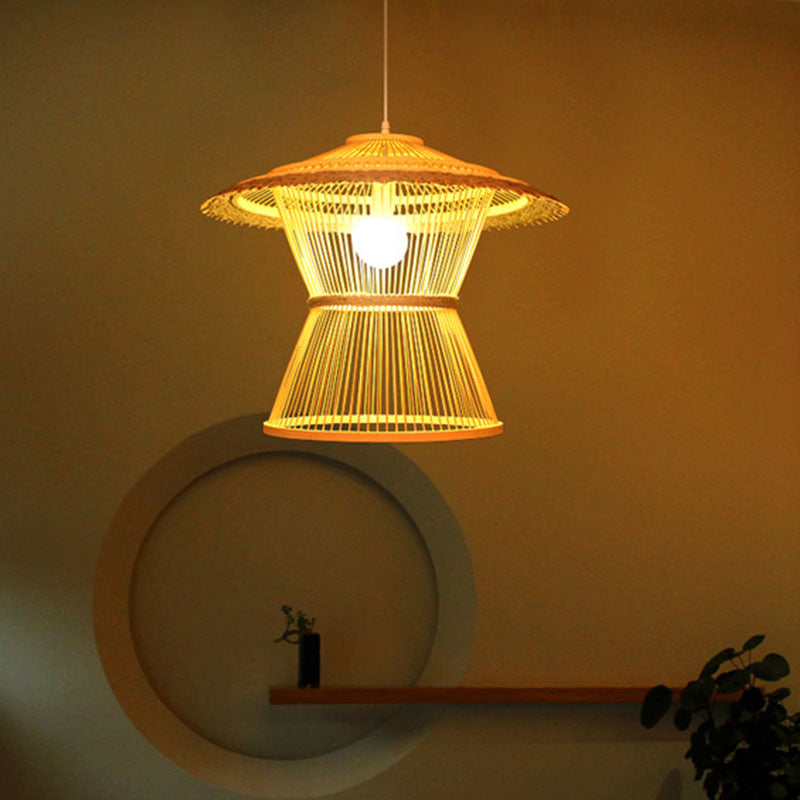 Wide Flare Pendant Lighting Chinese Bamboo 1 Bulb Ceiling Suspension Lamp in Beige