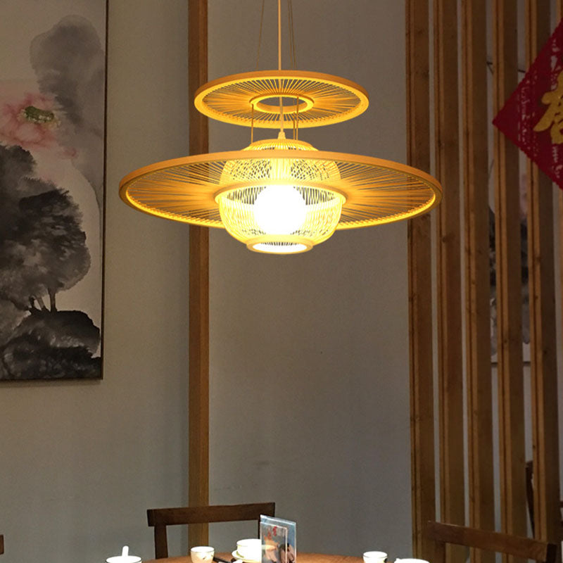 1 Kopfrestaurant Hanging Lampe Asian Beige Decke Anhänger Licht mit runden Bambusschatten