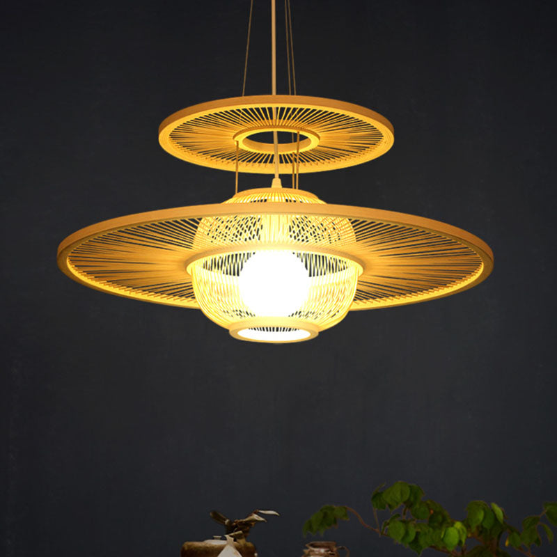 1 Kopfrestaurant Hanging Lampe Asian Beige Decke Anhänger Licht mit runden Bambusschatten
