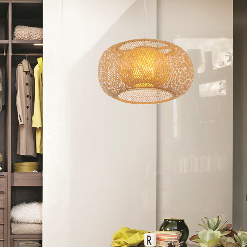 Flaxen Handcrafted Hanging Lamp Asia 1 Head Bamboo Ceiling Pendant Light for Restaurant