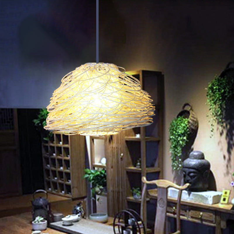 1 Bulb Tearoom Hanging Lamp Asian White Pendant Light Fixture with Domed Rattan Shade