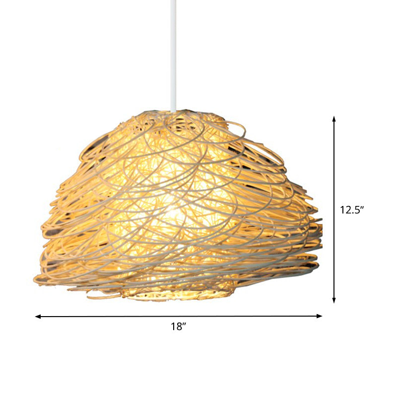 1 Bulb Tearoom Hanging Lamp Asian White Pendant Light Fixture with Domed Rattan Shade