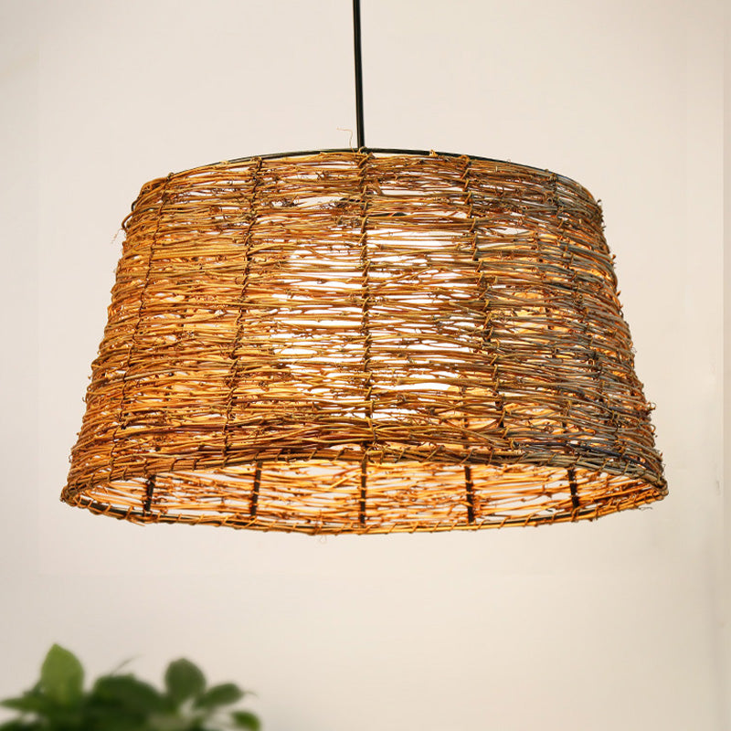Flare Pendant Light Asian Rattan 1 Head Brown Ceiling Suspension Lamp with Orb Milk Glass Shade