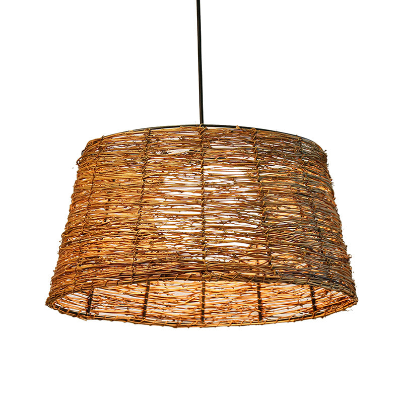 Flare Pendant Light Asian Rattan 1 Head Brown Ceiling Suspension Lamp with Orb Milk Glass Shade