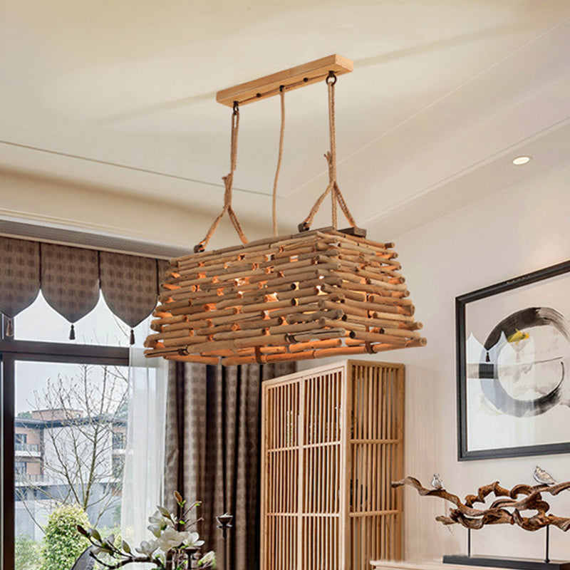 Pendre trapézoïde japonais Bois de lustre 3 têtes suspendues plafond plafond en marron pour salle à manger