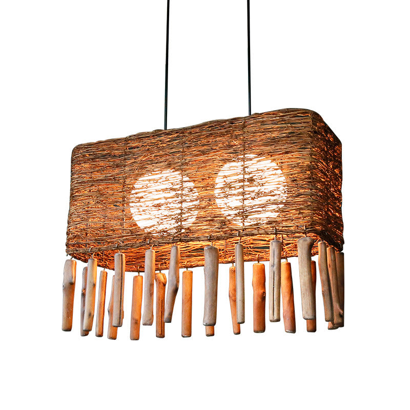 RECTANGE CHANDELIER DE RATTAN LUMIÈRE CHINISIN 2 ampoules Brown Éclairage en suspension