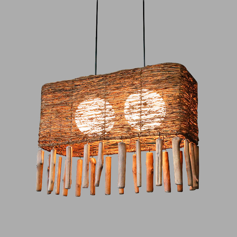 Rectangle Rattan Chandelier Light Chinese 2 Bulbs Brown Suspended Lighting Fixture