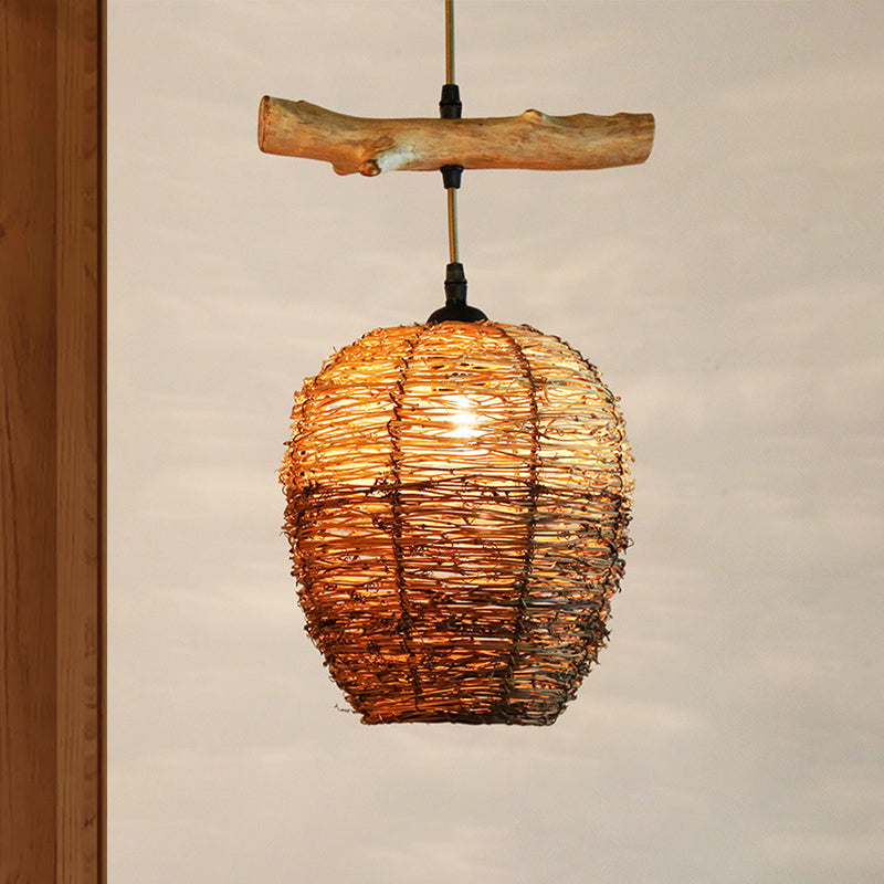 1 Head Restaurant Anhänger Lamp Asia Flaxen Hanging Deckenleuchte mit Urnen Rattan Schatten