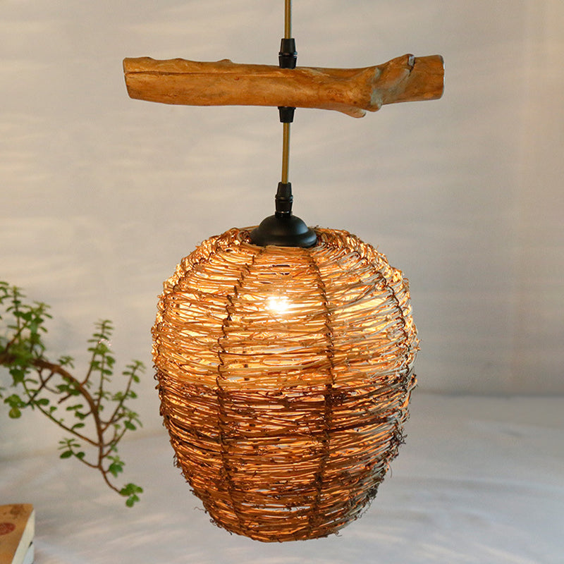 1 Head Restaurant Anhänger Lamp Asia Flaxen Hanging Deckenleuchte mit Urnen Rattan Schatten