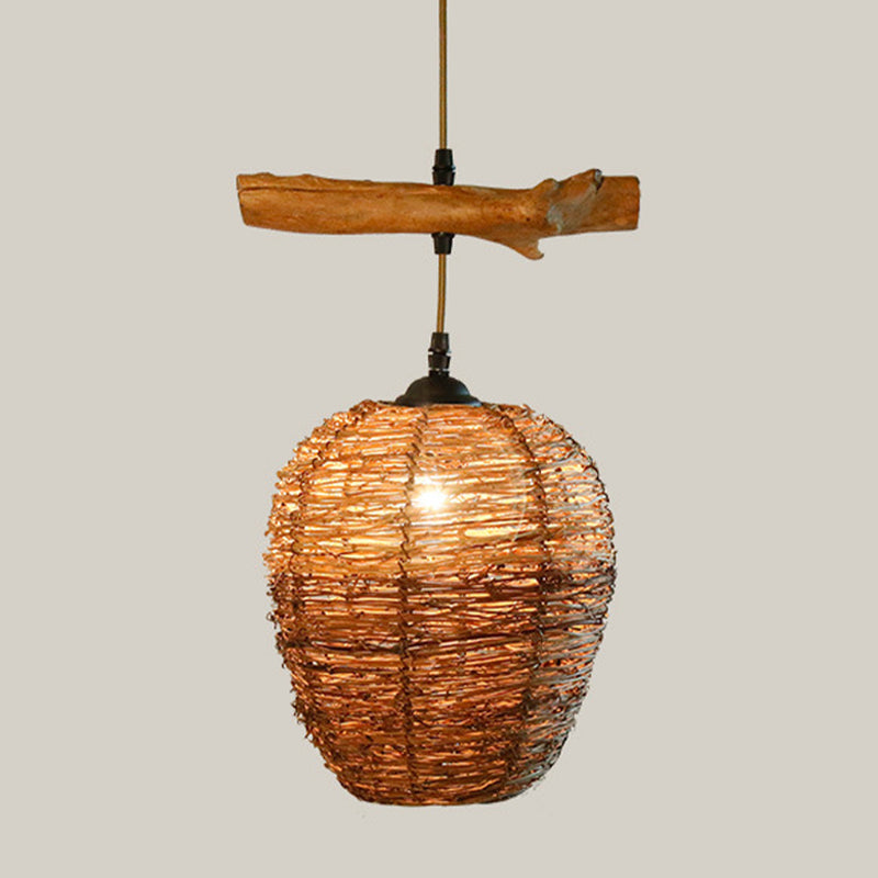 1 Head Restaurant Anhänger Lamp Asia Flaxen Hanging Deckenleuchte mit Urnen Rattan Schatten