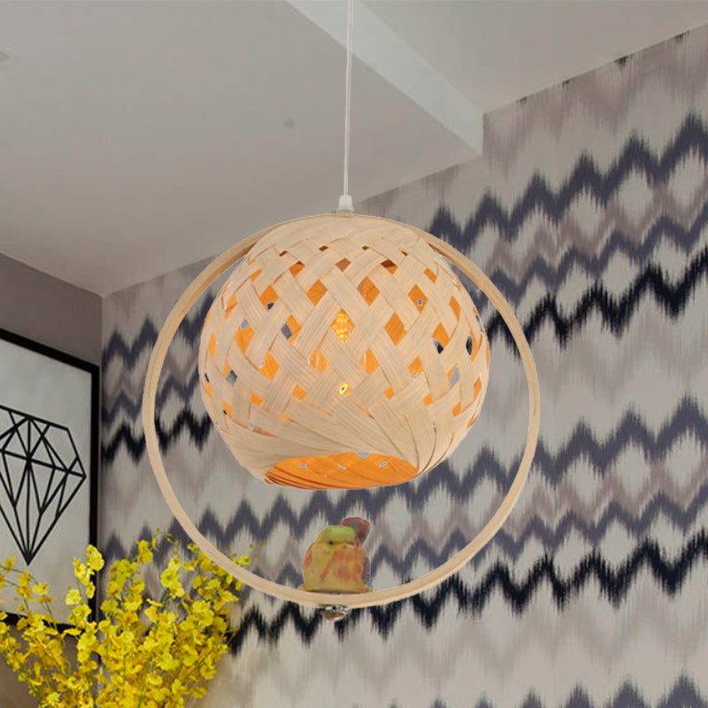 Chinese Hand Woven Pendant Lighting Bamboo 1 Bulb Ceiling Suspension Lamp in Beige