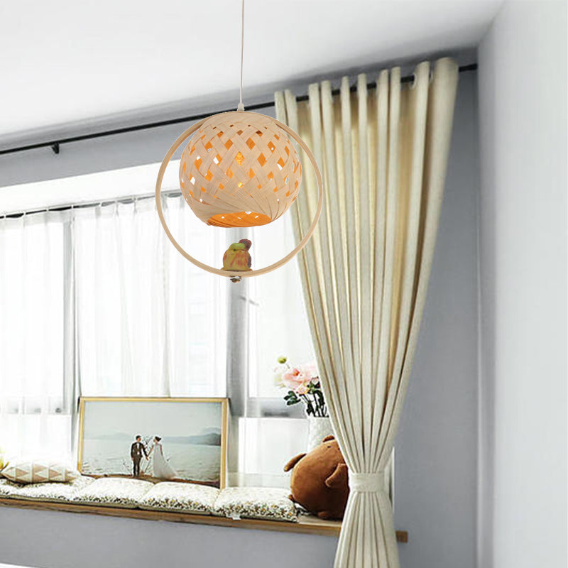 Chinese Hand Woven Pendant Lighting Bamboo 1 Bulb Ceiling Suspension Lamp in Beige